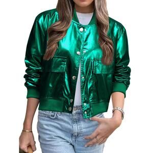 Large Metallic Green Crop Bomber Jacket with Pockets